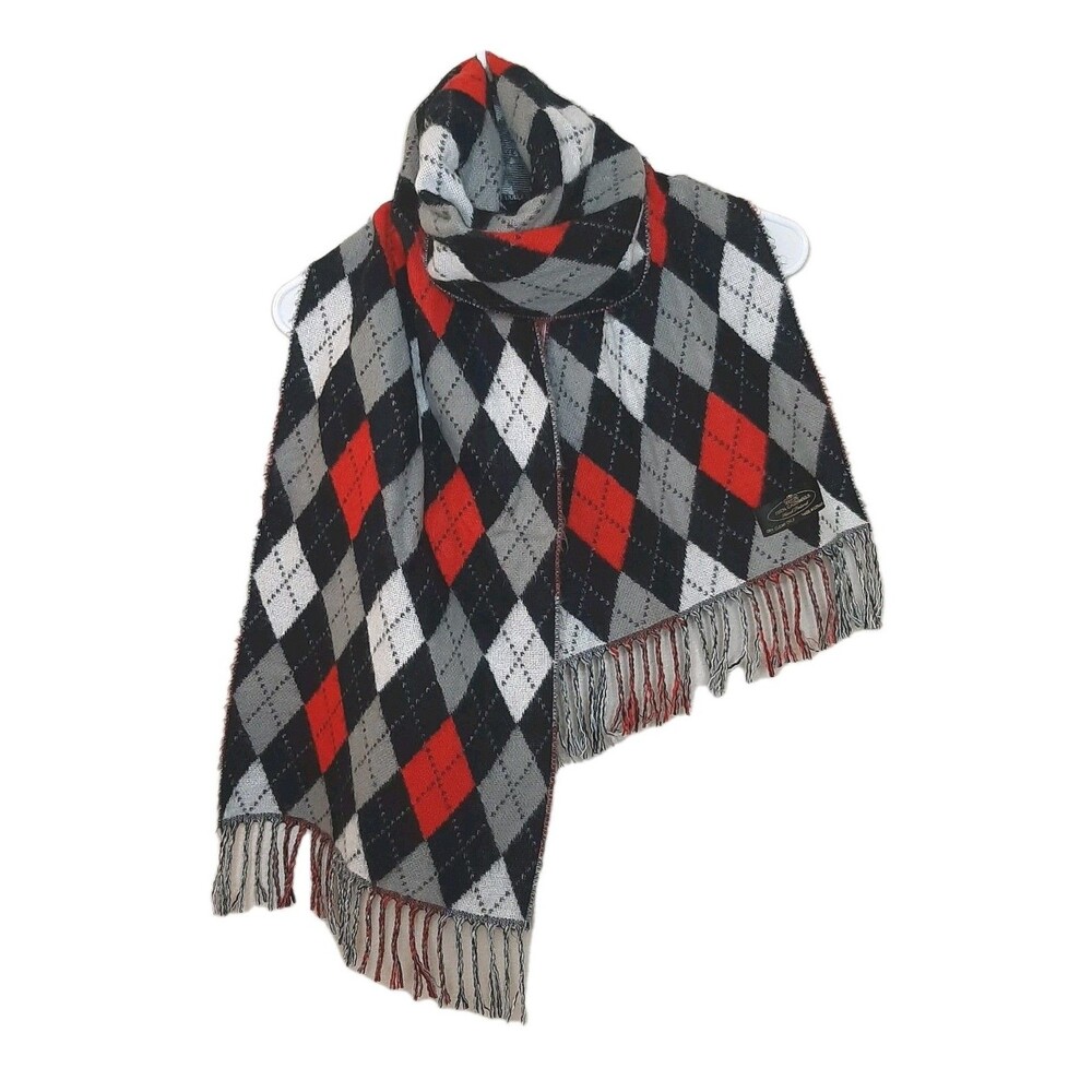 100% Cashmere Scarf Red Black Argyle Print Made In Germany Fringed Soft